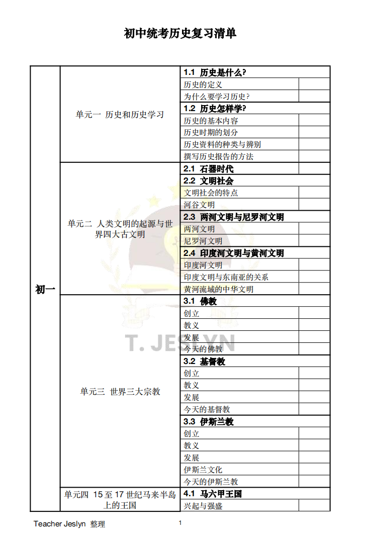 初中统考历史复习清单📝